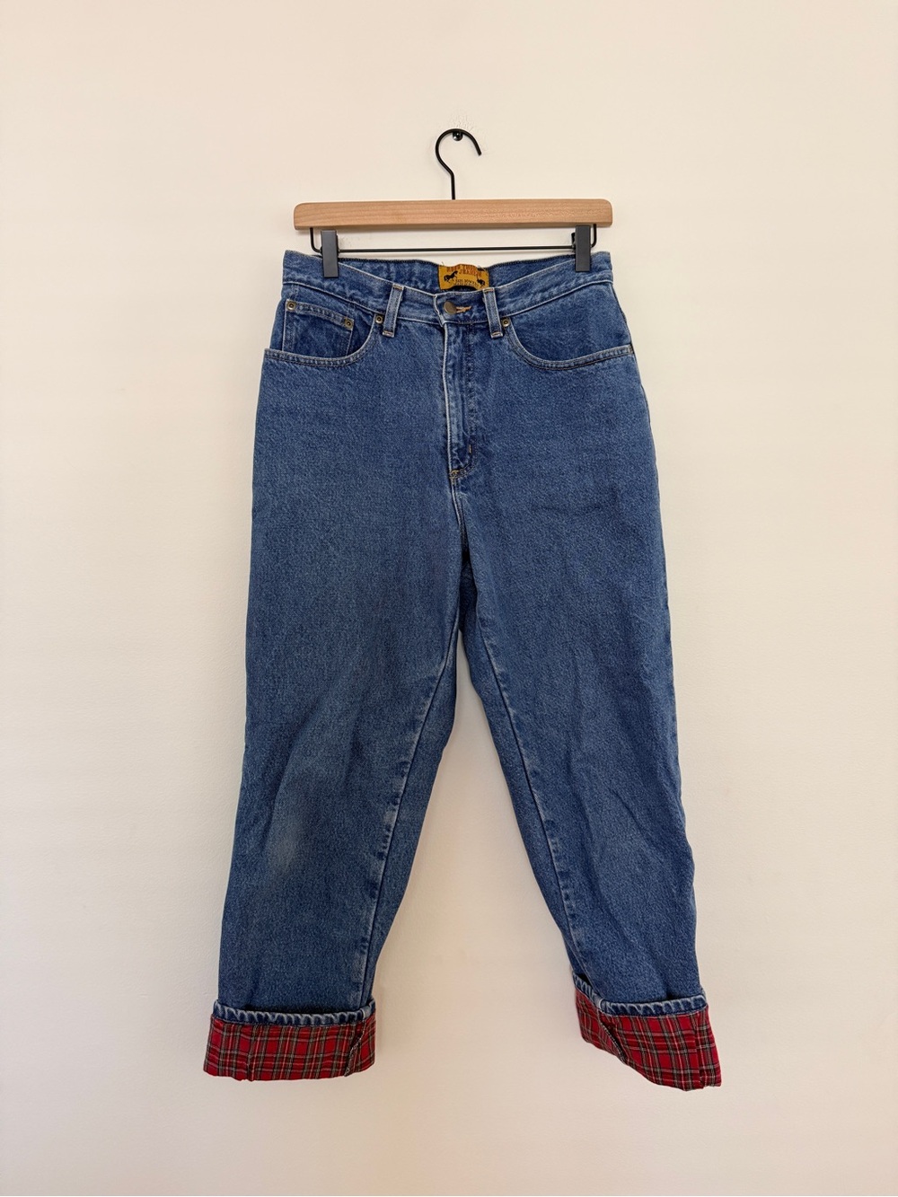 Classic Blue High-Waist Women’s Jeans with Red Plaid Cuff - Vintage